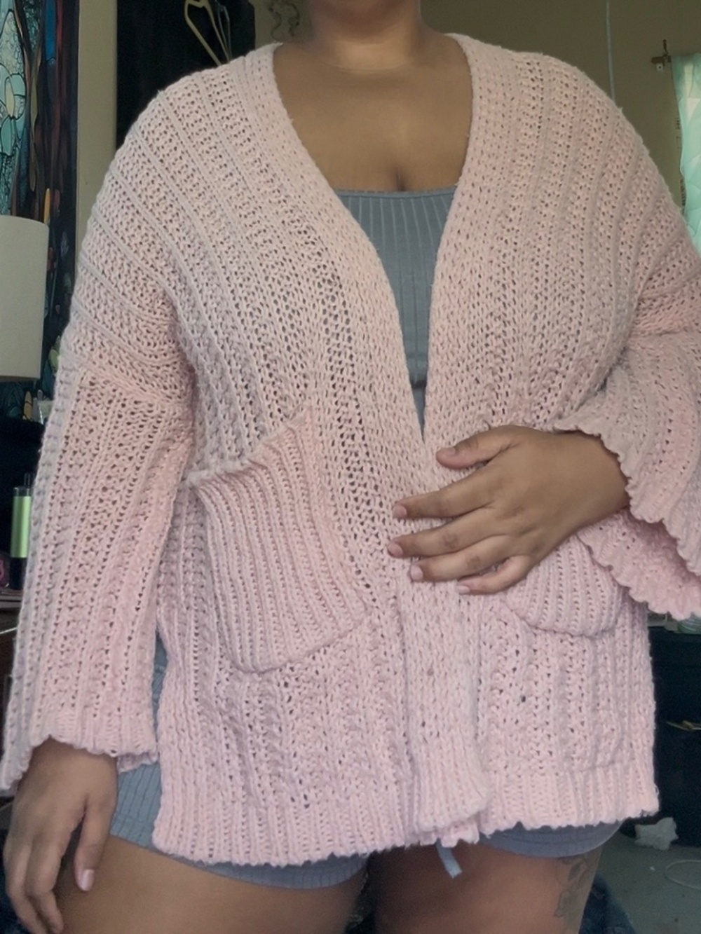 Pink Open Front Knit Cardigan with Pockets